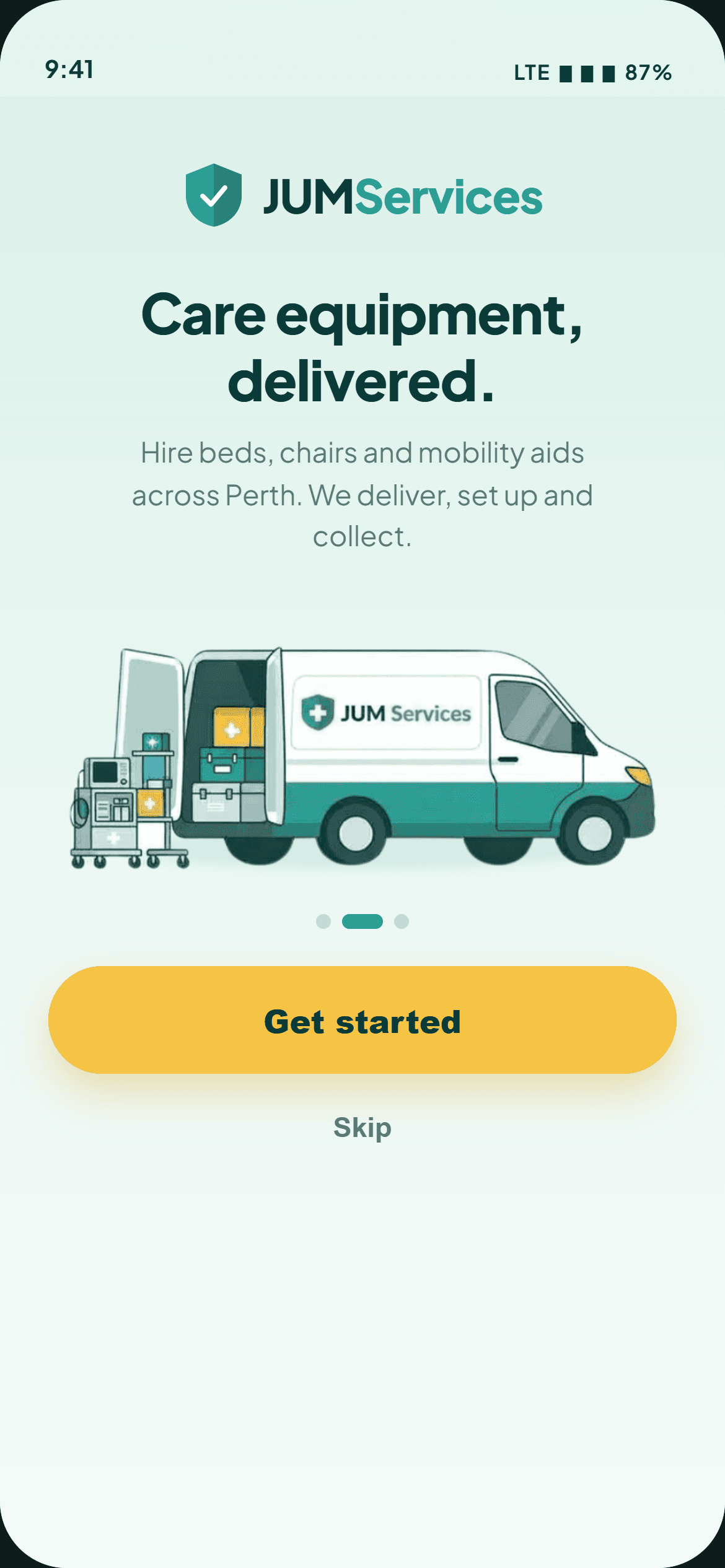 JUM Services app intro screen: Care equipment, delivered.